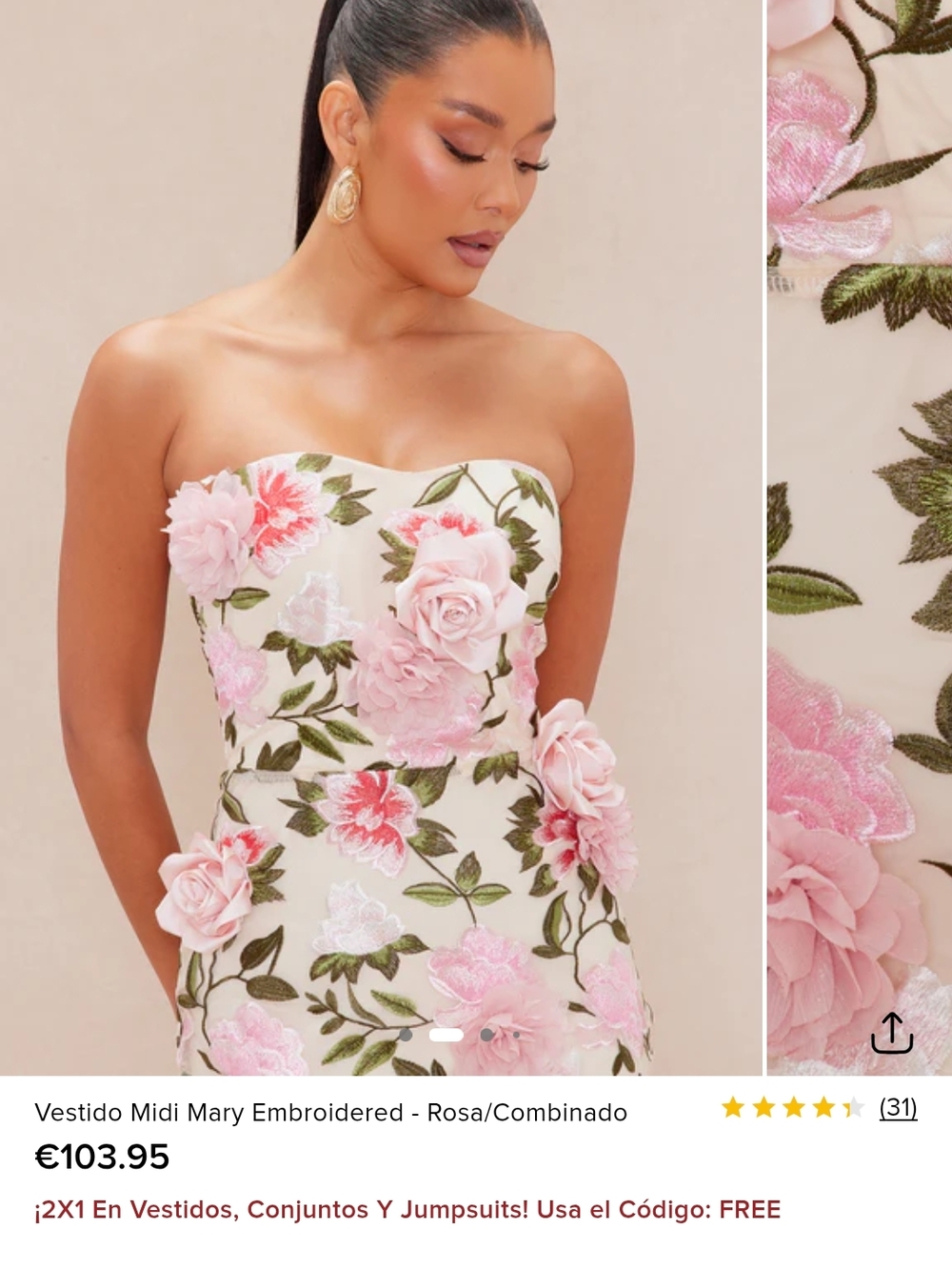 Fashion Nova Cream Strapless Floral Embroidered Midi Dress with Pink Accents - Picture 2 of 6